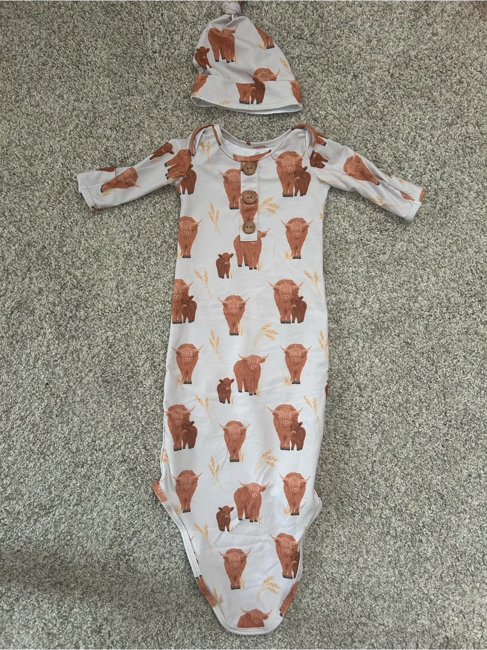 Caden Lane Baby Gown & Hat Set in Rust Cow Print